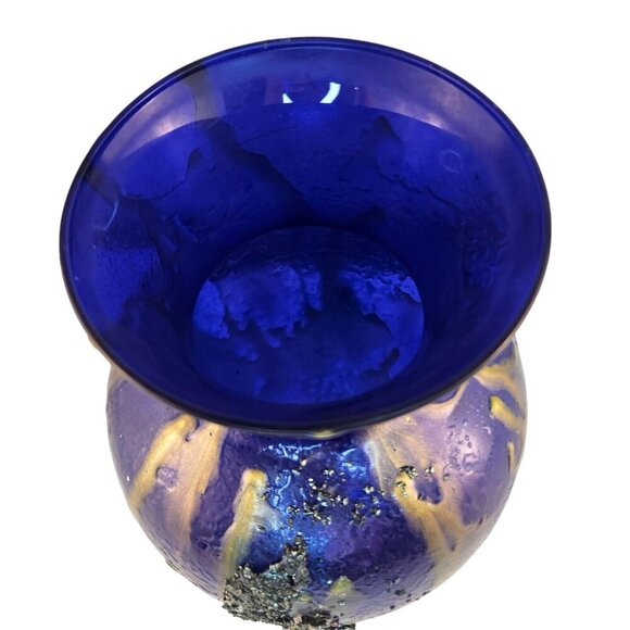 Handcrafted Cobalt Blue Gathering Vase With Gold Drip Design & Textured Finish - Picture 3 of 9